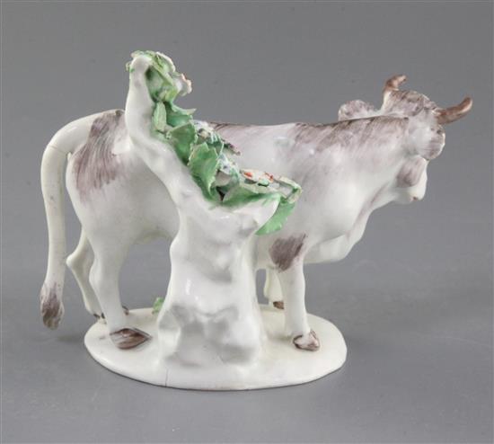 A Bow figure of a bull, c.1770-6, l. 16.5cm, restored tail, horns and leaves